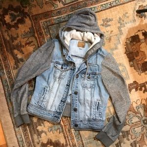 half denim half hoodie jacket